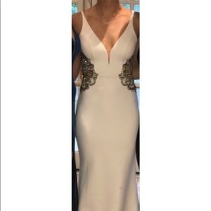 Beautiful white and gold prom dress with a train!